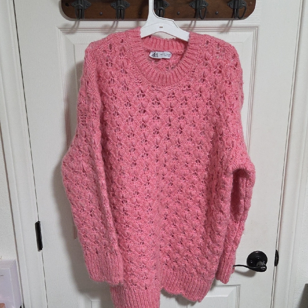 Zara Pink Openwork Crew Neck Sweater